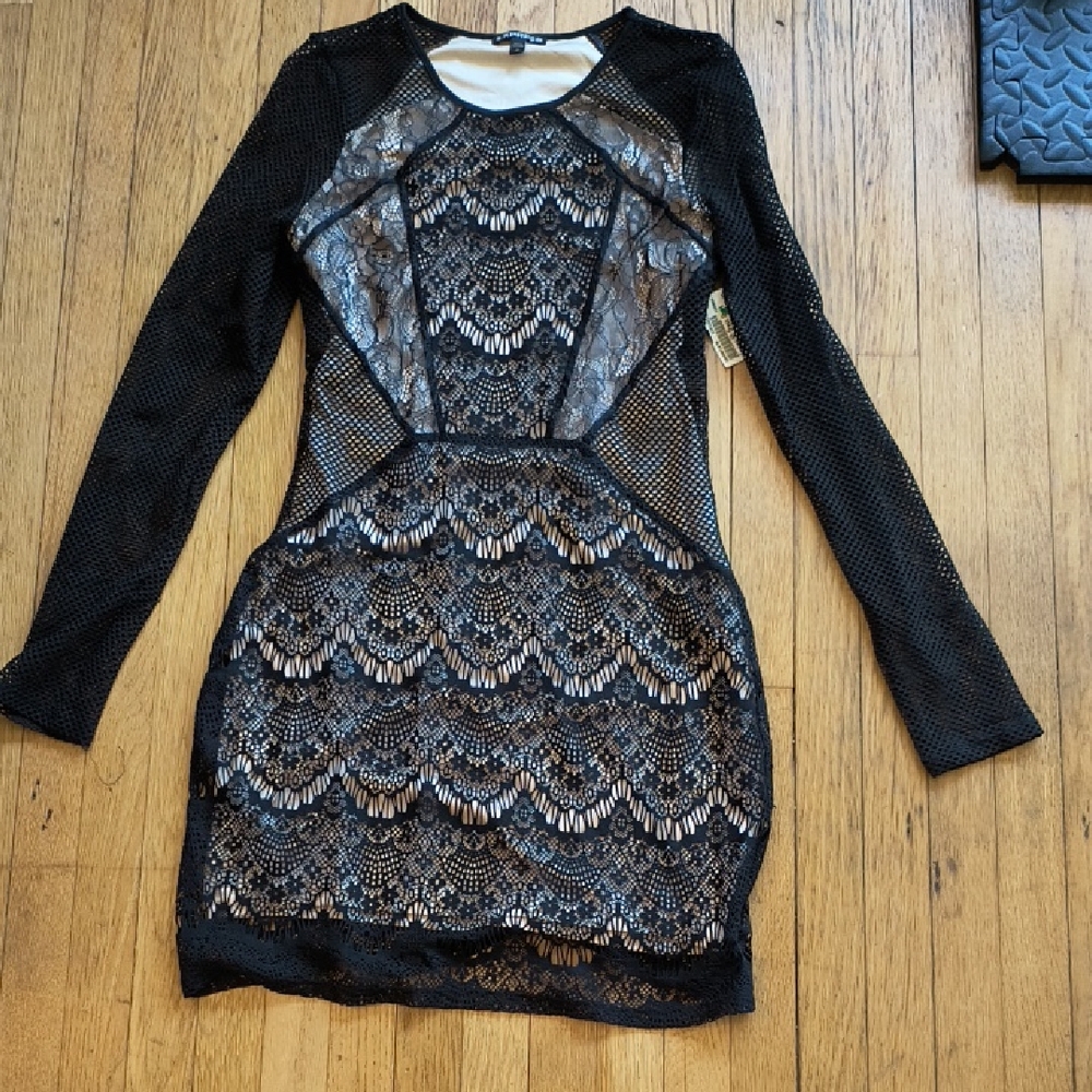 Express Black and Silver Lace Long Sleeve Dress